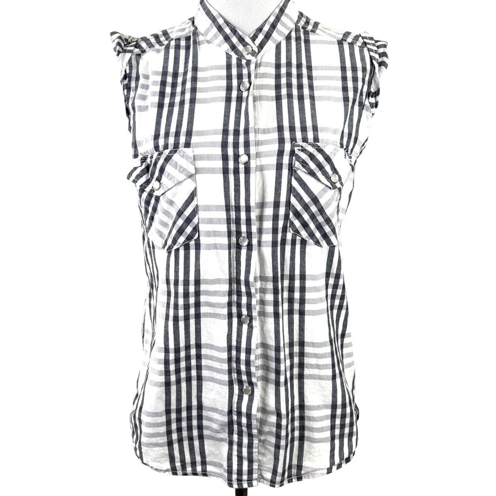 Kavu Black & White Plaid Cap Sleeve Sleeveless Button Up Shirt Size Small